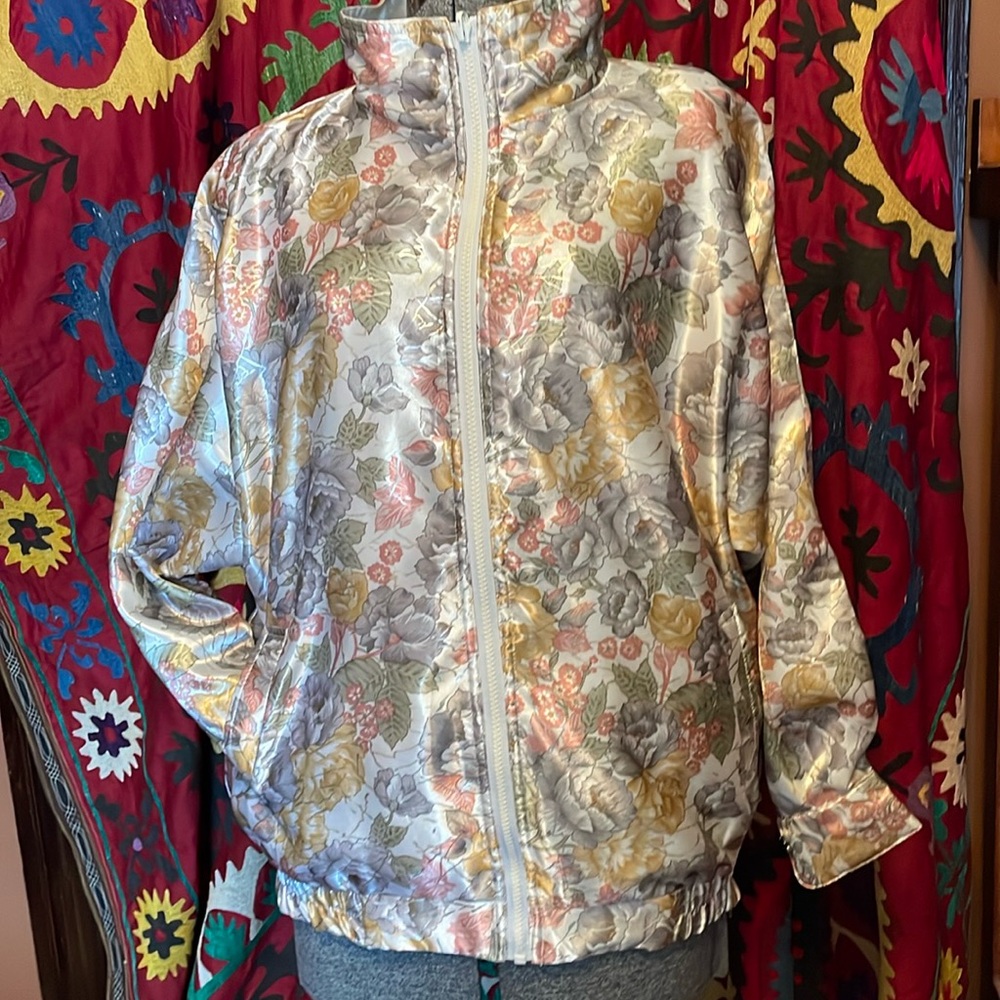 80’s Vintage Silky Bomber Jacket Reversible Multi Color Floral & White Satin
